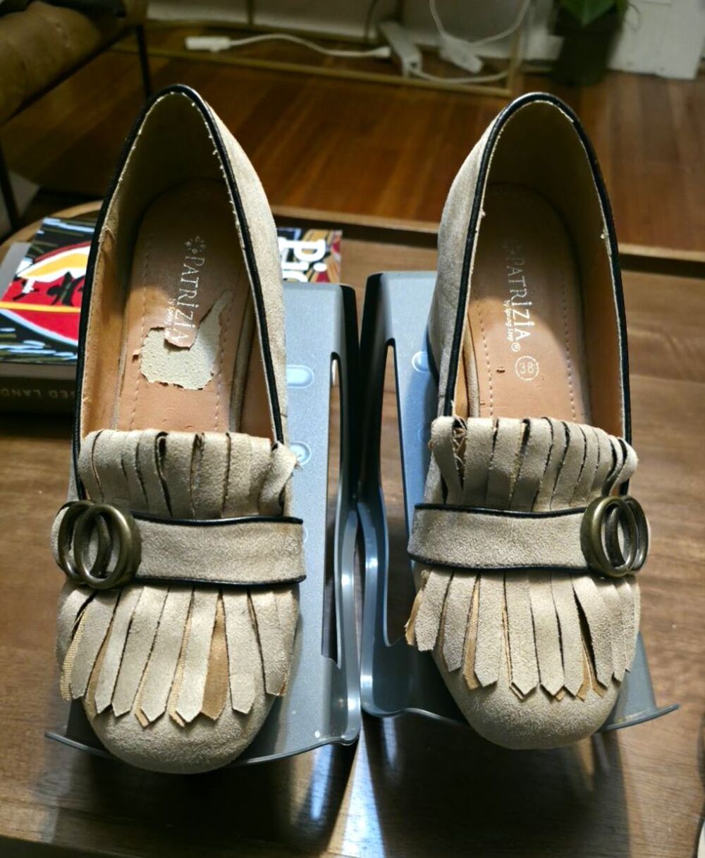 Patrizia Women’s Beige Suede Almond Toe Slip-On Fringe Pump Heels Size 7.5